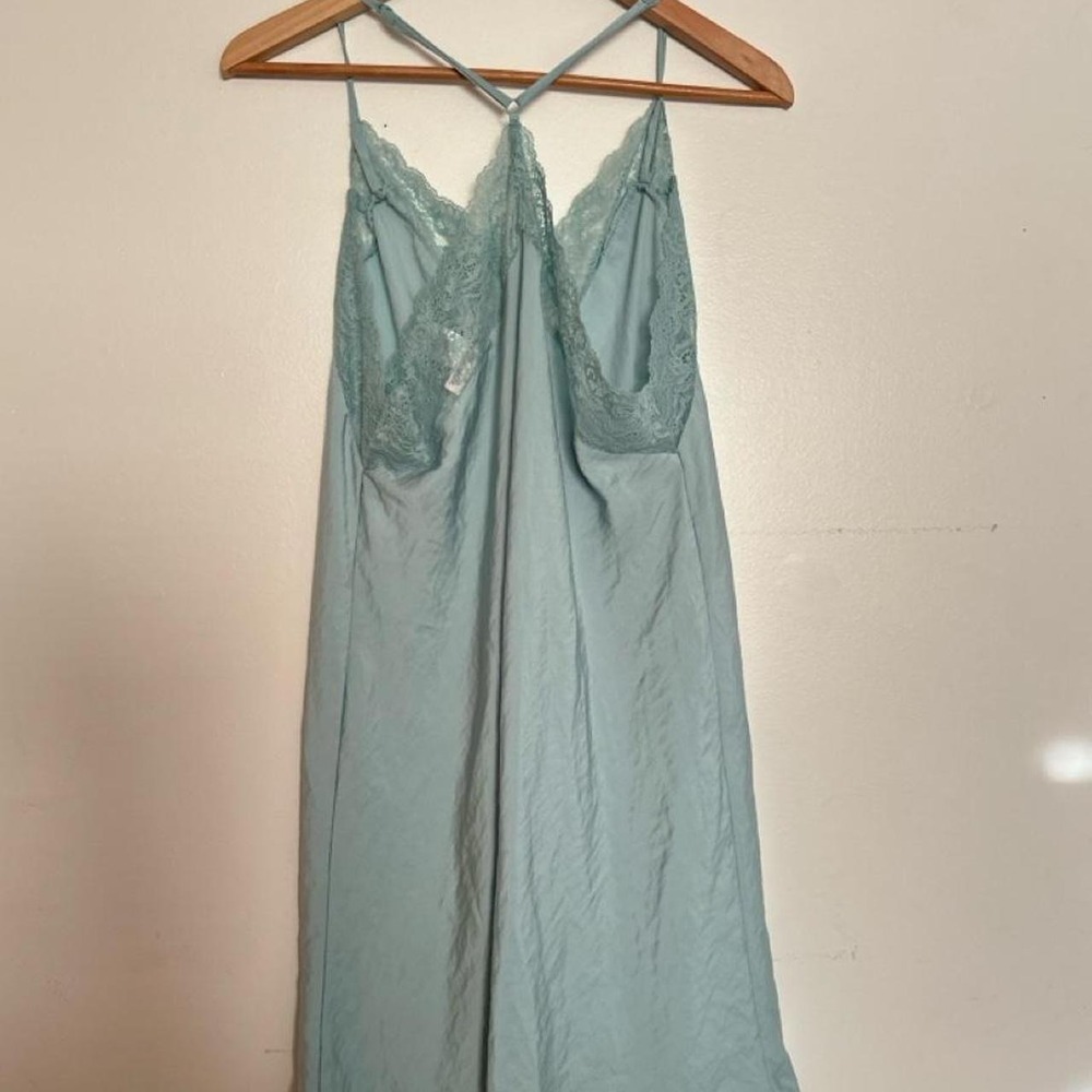 Linea Donatella Teal Turquoise Satin Lace Chemise Slip Dress L Y2K Aesthetic - Picture 4 of 7
